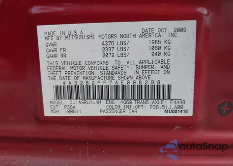 2010 Mitsubishi Galant Fe z USA, uszkodzony, nr VIN 4A32B2FF7AE008298